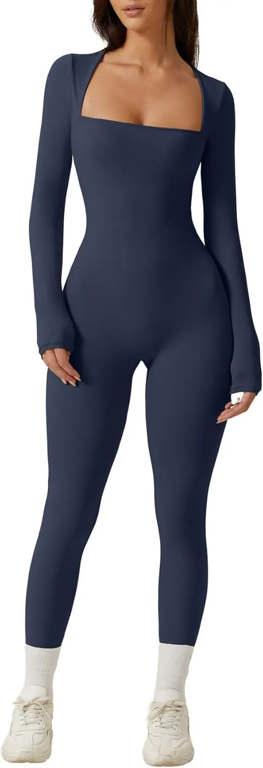 QINSEN Womens Sexy Square Neck Long Sleeve Full Length Leggings Bodycon Stretch Jumpsuit
