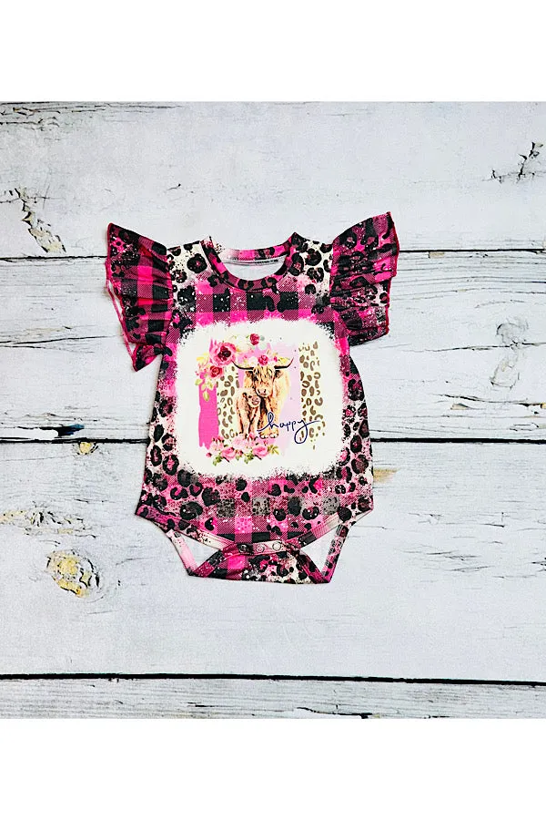 "HAPPY" pink & black plaid bull baby onesie DLH2312