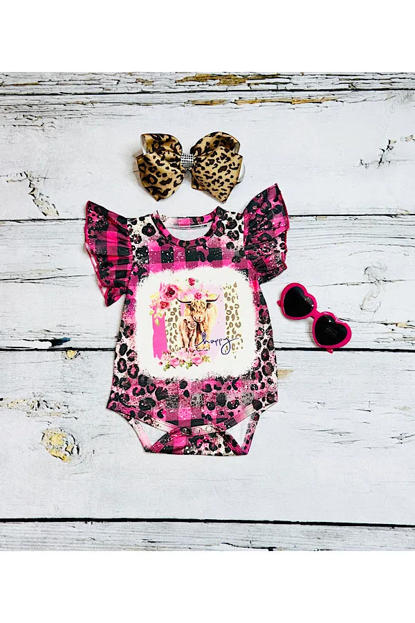 "HAPPY" pink & black plaid bull baby onesie DLH2312