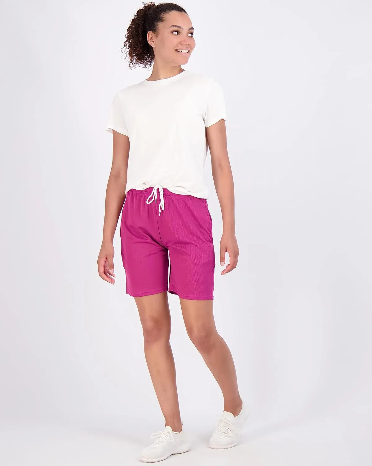 Real Essentials 4-Pack: Women's 7" Mesh Quick-Dry Bermuda Active Athletic Long Shorts with Pockets (Available in Plus Size)