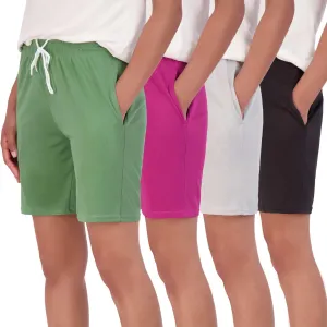 Real Essentials 4-Pack: Women's 7" Mesh Quick-Dry Bermuda Active Athletic Long Shorts with Pockets (Available in Plus Size)