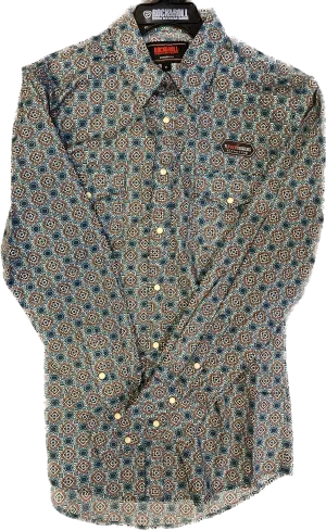 Rock & Roll Denim Men's Blue Geometrical Pattern Snap Shirt BMN2S04724