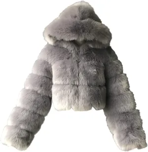 SACFOF Women's Winter Warm Jacket Faux Fur Hooded Jacket Long Sleeve Sexy Short Coat Winter Cropped Shearling Furry Overcoat