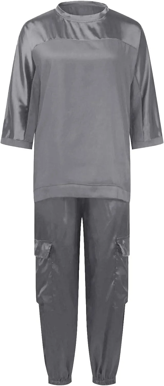 Satin Pajama Set Womens Silk Half Sleeve O Neck Shirt with Long Pant Soft Loungewear Pjs Set Loungewear
