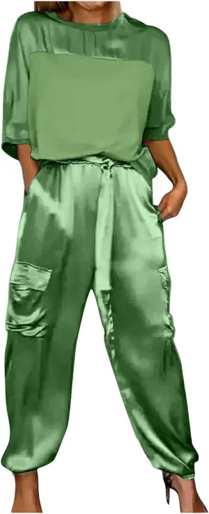 Satin Pajama Set Womens Silk Half Sleeve O Neck Shirt with Long Pant Soft Loungewear Pjs Set Loungewear
