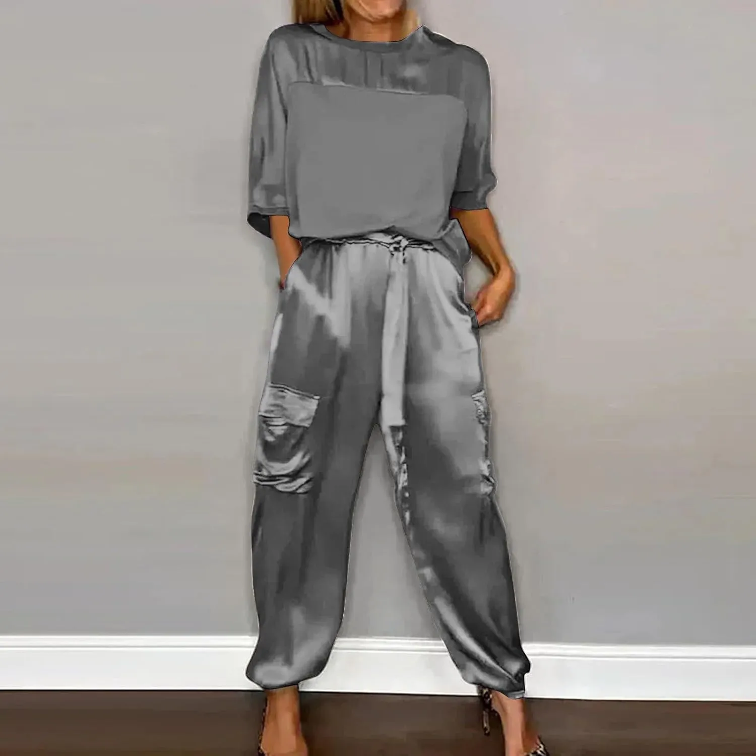 Satin Pajama Set Womens Silk Half Sleeve O Neck Shirt with Long Pant Soft Loungewear Pjs Set Loungewear