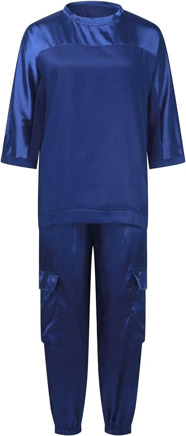 Satin Pajama Set Womens Silk Half Sleeve O Neck Shirt with Long Pant Soft Loungewear Pjs Set Loungewear