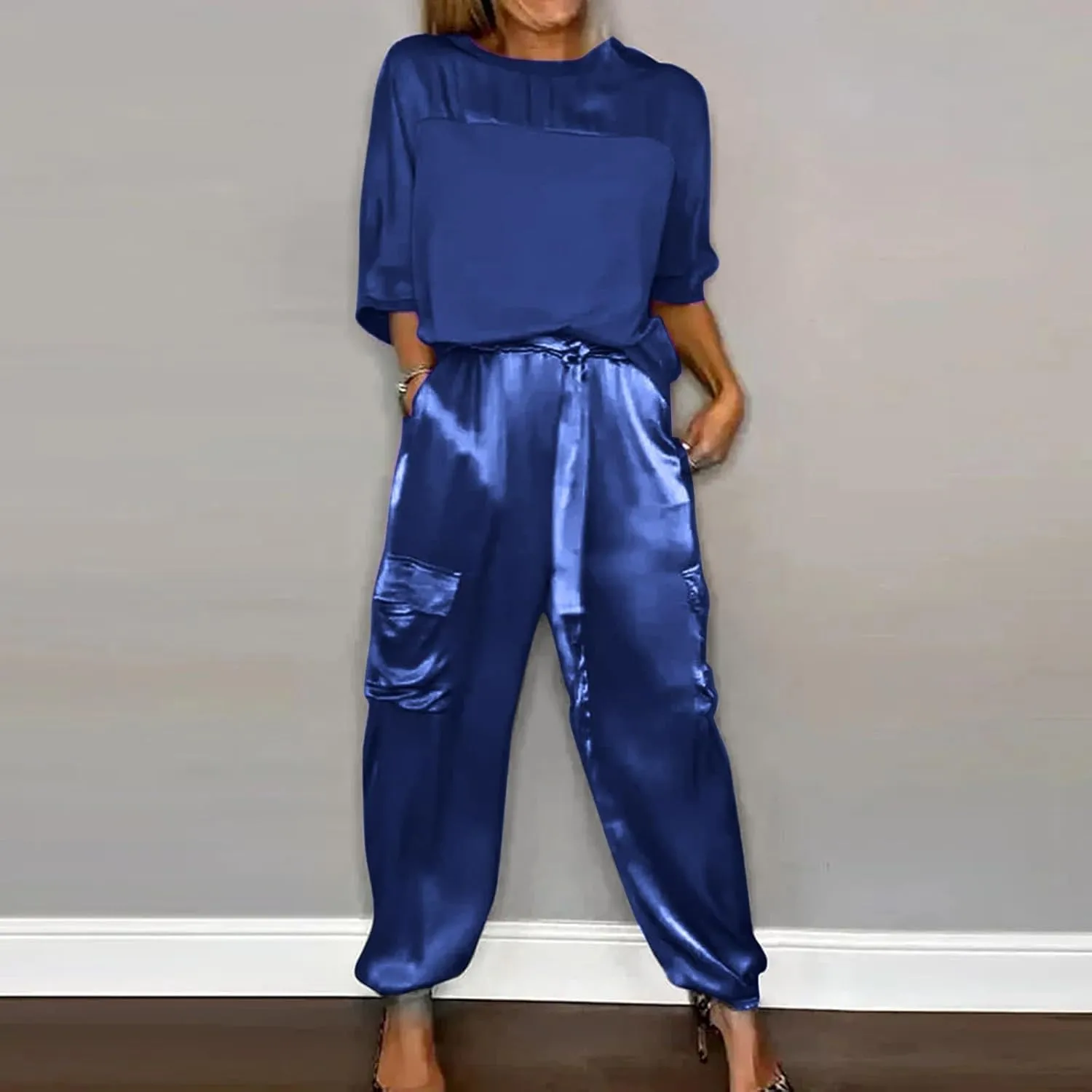 Satin Pajama Set Womens Silk Half Sleeve O Neck Shirt with Long Pant Soft Loungewear Pjs Set Loungewear