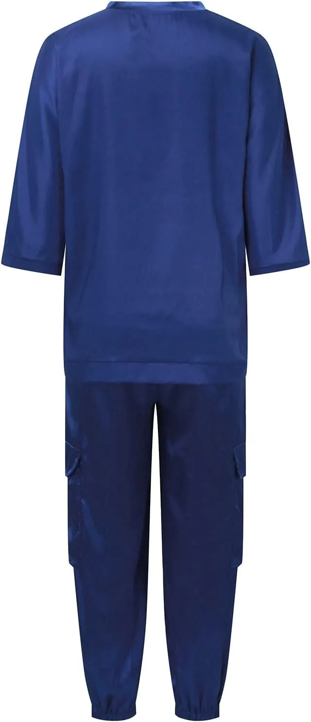 Satin Pajama Set Womens Silk Half Sleeve O Neck Shirt with Long Pant Soft Loungewear Pjs Set Loungewear