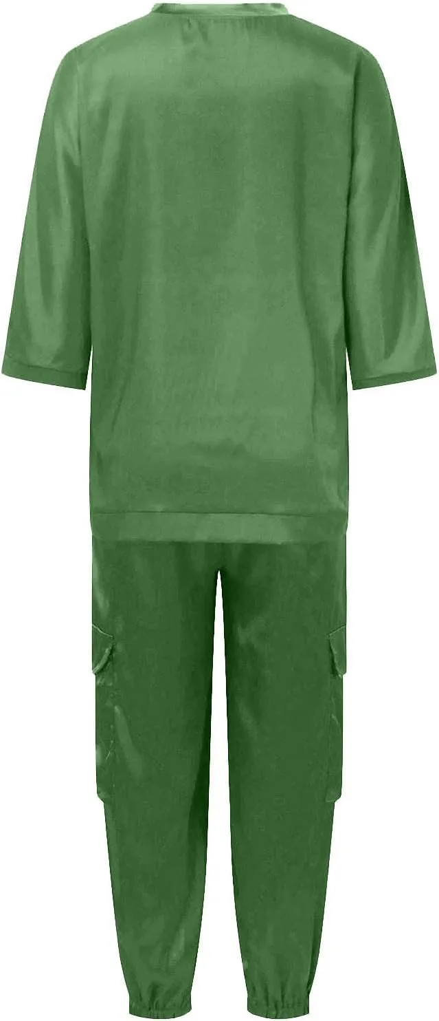 Satin Pajama Set Womens Silk Half Sleeve O Neck Shirt with Long Pant Soft Loungewear Pjs Set Loungewear