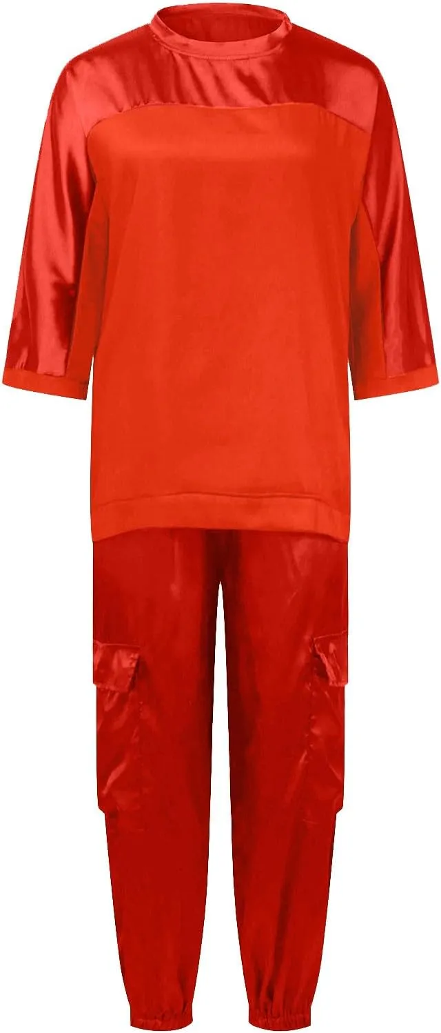 Satin Pajama Set Womens Silk Half Sleeve O Neck Shirt with Long Pant Soft Loungewear Pjs Set Loungewear