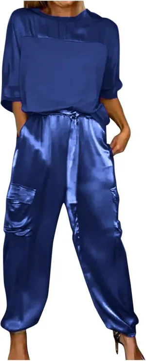 Satin Pajama Set Womens Silk Half Sleeve O Neck Shirt with Long Pant Soft Loungewear Pjs Set Loungewear