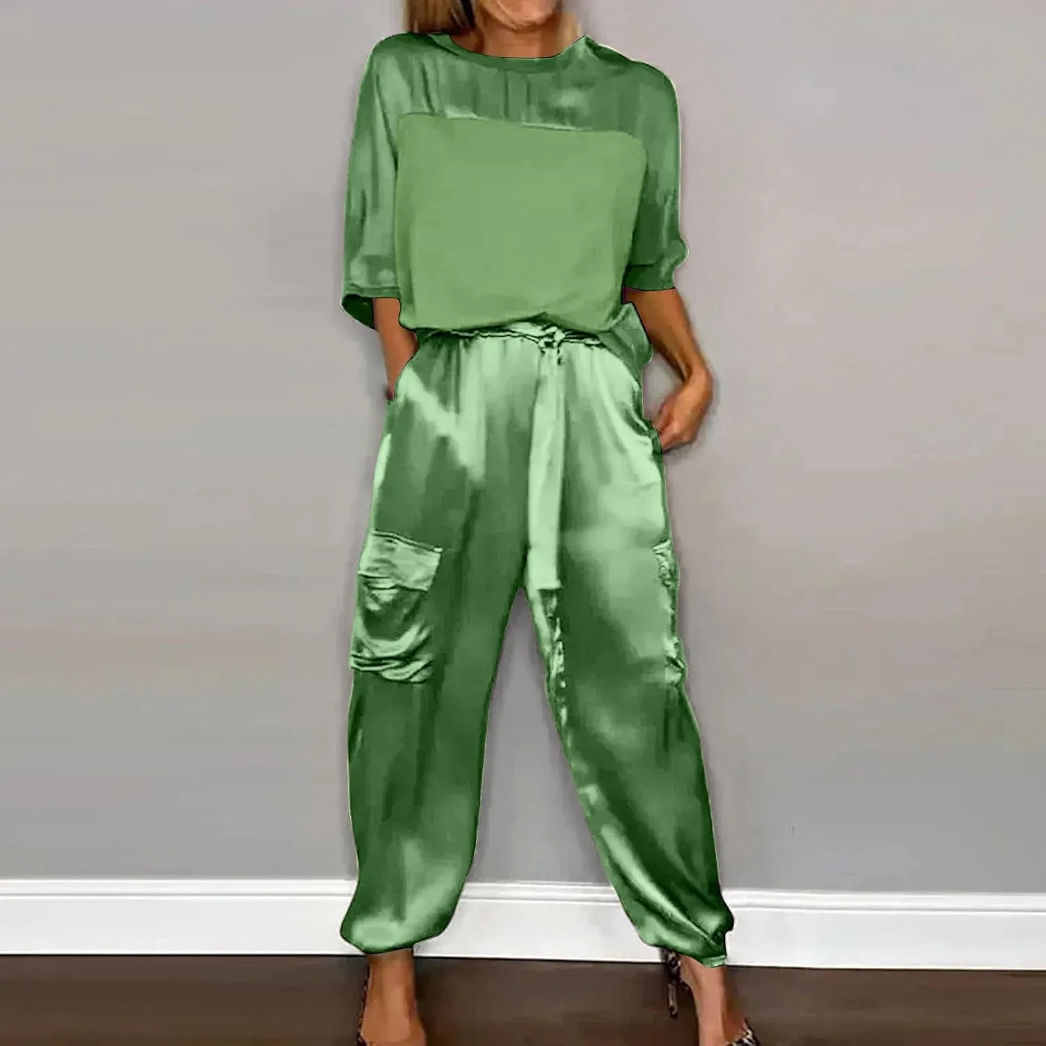 Satin Pajama Set Womens Silk Half Sleeve O Neck Shirt with Long Pant Soft Loungewear Pjs Set Loungewear