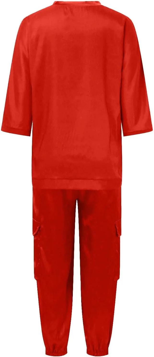 Satin Pajama Set Womens Silk Half Sleeve O Neck Shirt with Long Pant Soft Loungewear Pjs Set Loungewear