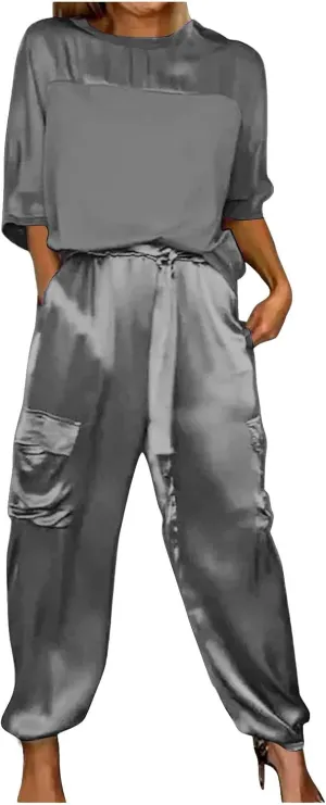 Satin Pajama Set Womens Silk Half Sleeve O Neck Shirt with Long Pant Soft Loungewear Pjs Set Loungewear