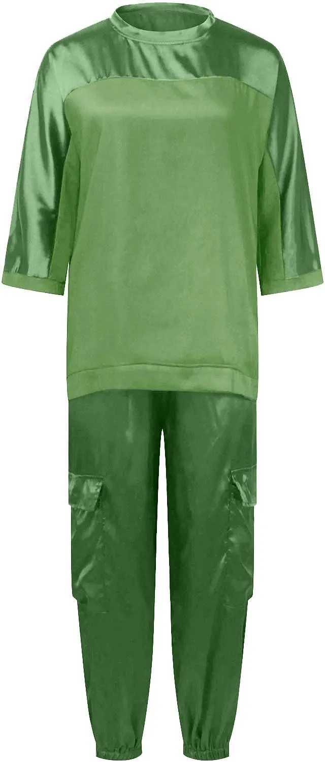 Satin Pajama Set Womens Silk Half Sleeve O Neck Shirt with Long Pant Soft Loungewear Pjs Set Loungewear