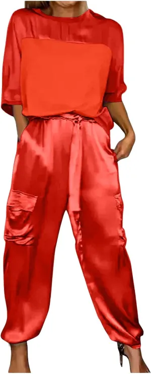 Satin Pajama Set Womens Silk Half Sleeve O Neck Shirt with Long Pant Soft Loungewear Pjs Set Loungewear