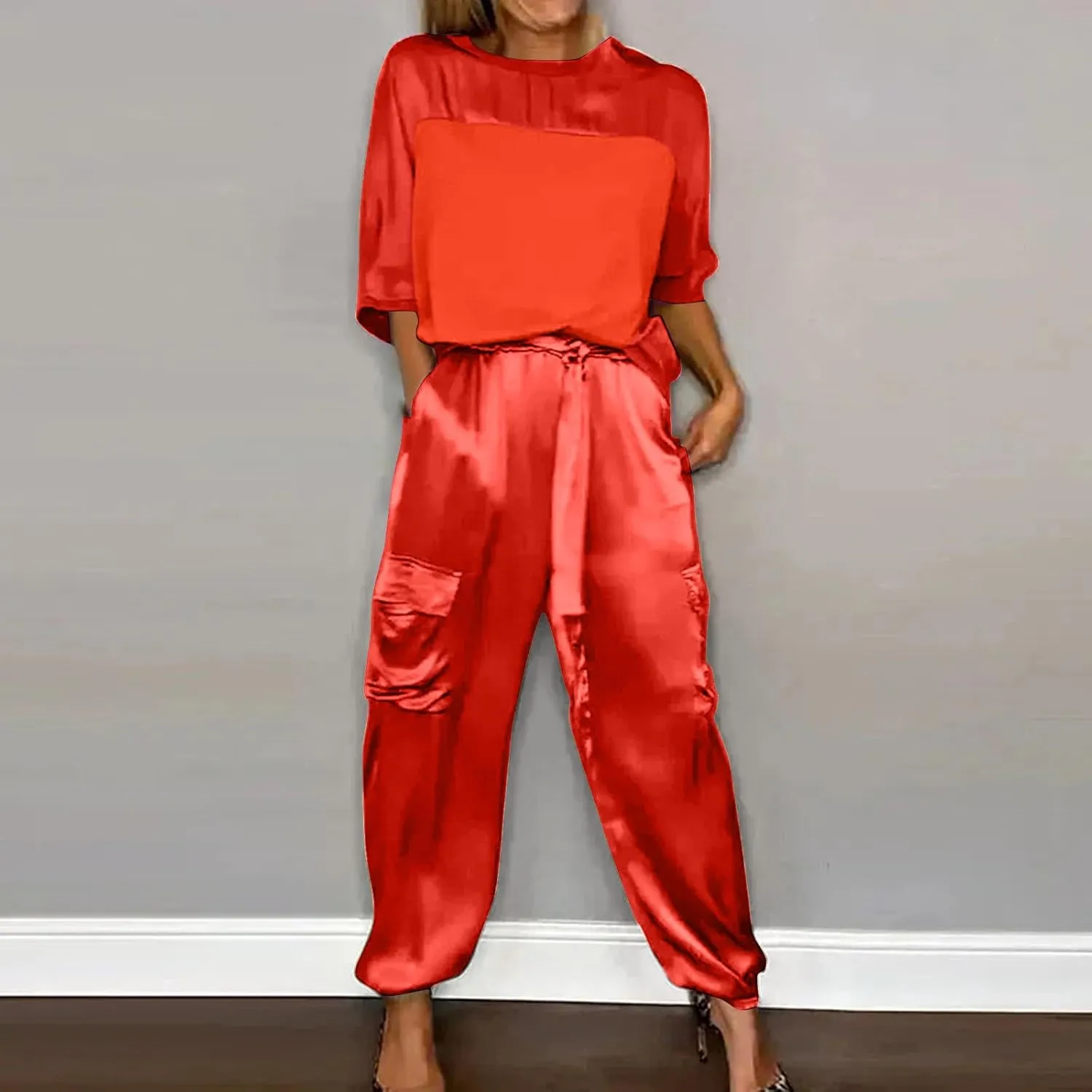 Satin Pajama Set Womens Silk Half Sleeve O Neck Shirt with Long Pant Soft Loungewear Pjs Set Loungewear