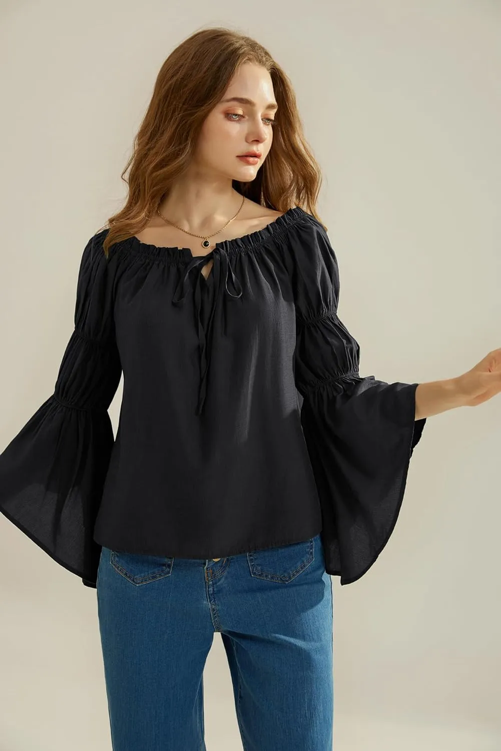 Scarlet Darkness Women Renaissance Shirt Off Shoulder Bell Sleeve Casual Loose Peasant Tops