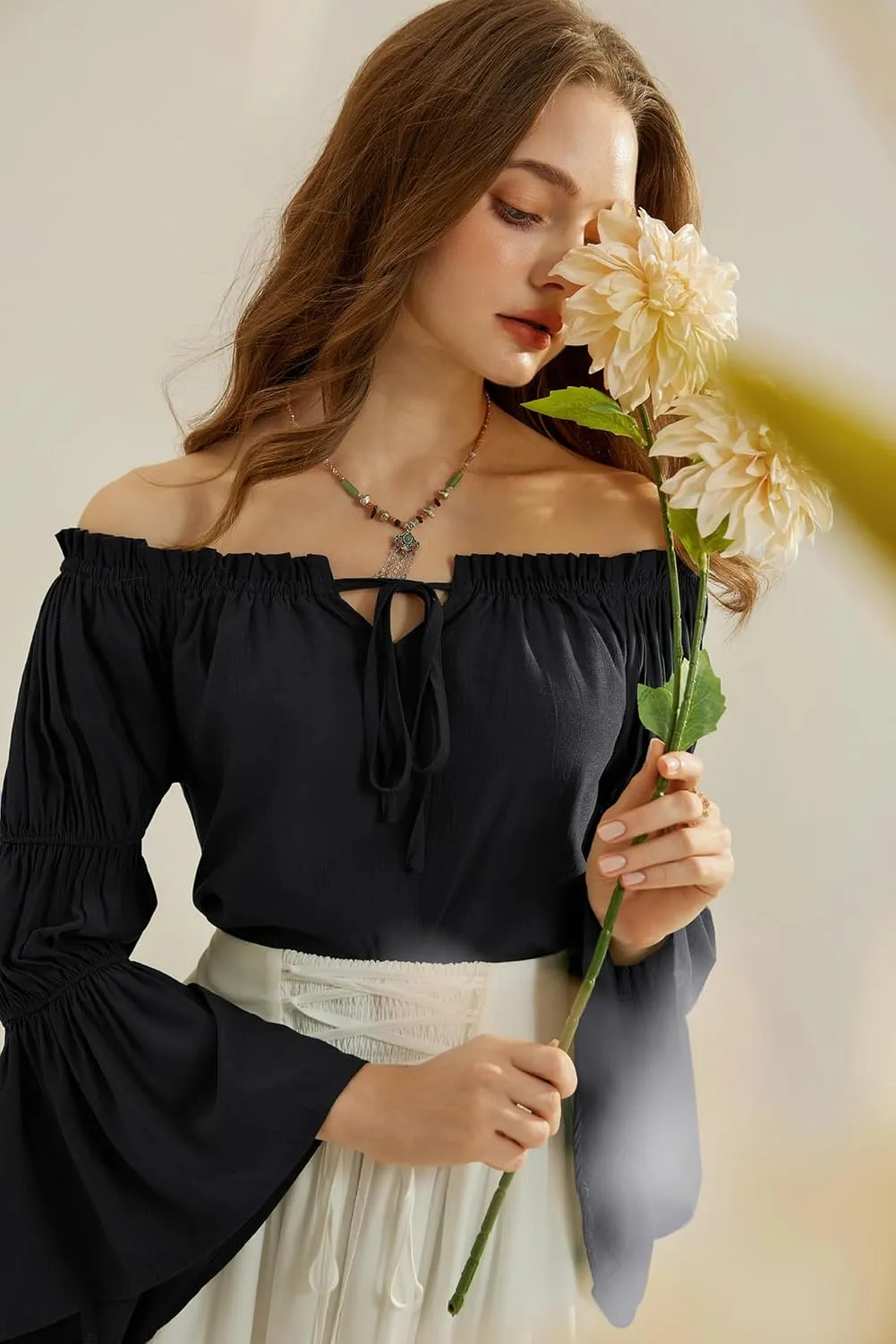 Scarlet Darkness Women Renaissance Shirt Off Shoulder Bell Sleeve Casual Loose Peasant Tops