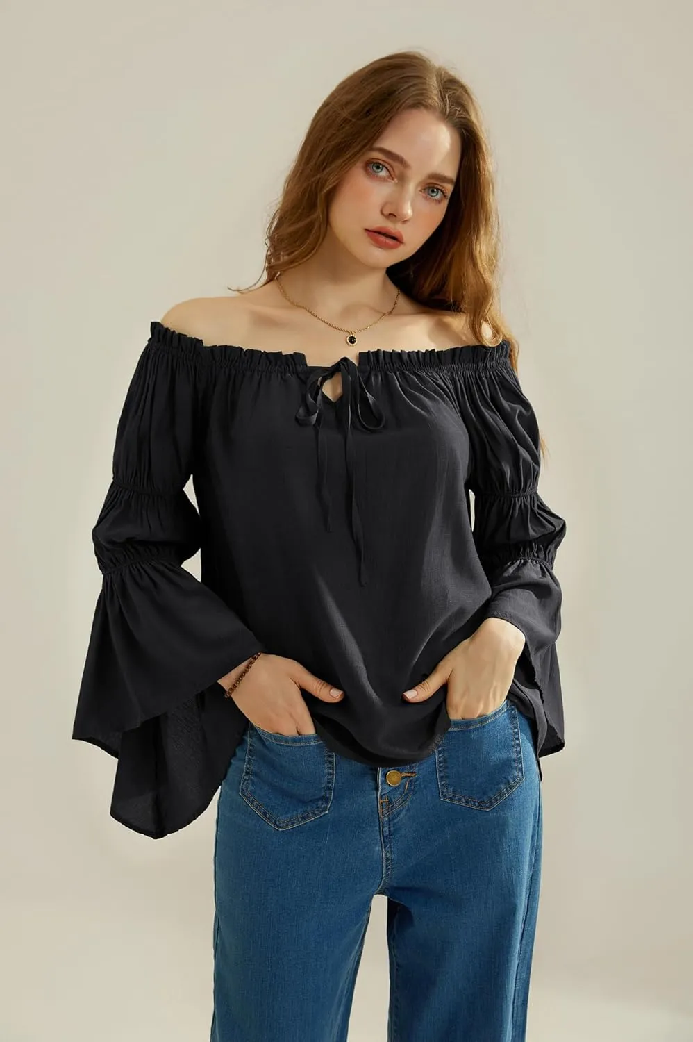 Scarlet Darkness Women Renaissance Shirt Off Shoulder Bell Sleeve Casual Loose Peasant Tops