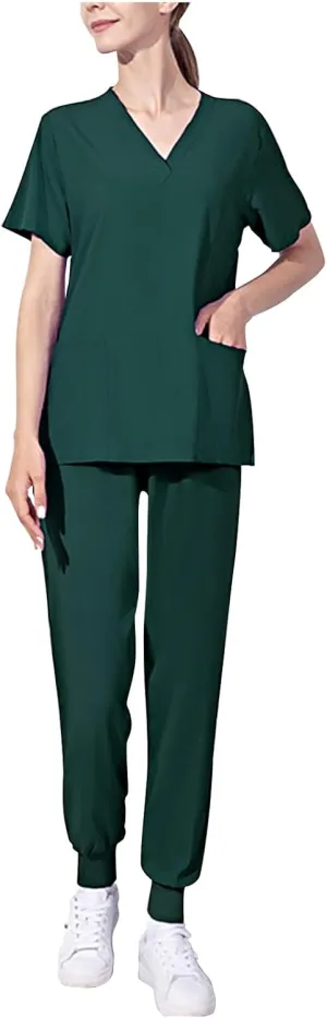 Scrubs-Set for Women 2 Piece Outfits Nurse Uniform Jogger Suit Classic Stretch Top & Pants with Pocket Nurse Workwear