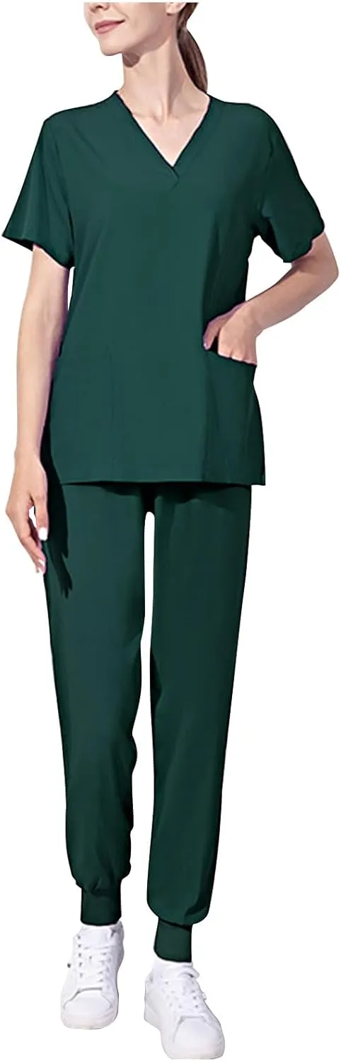 Scrubs-Set for Women 2 Piece Outfits Nurse Uniform Jogger Suit Classic Stretch Top & Pants with Pocket Nurse Workwear