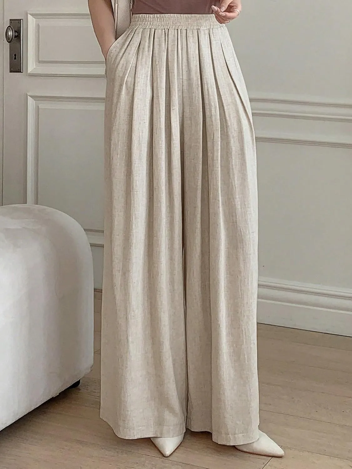 SECOLI Women's Straight Wide Leg Trousers Pants Beige Casual Solid Wide Leg Pants