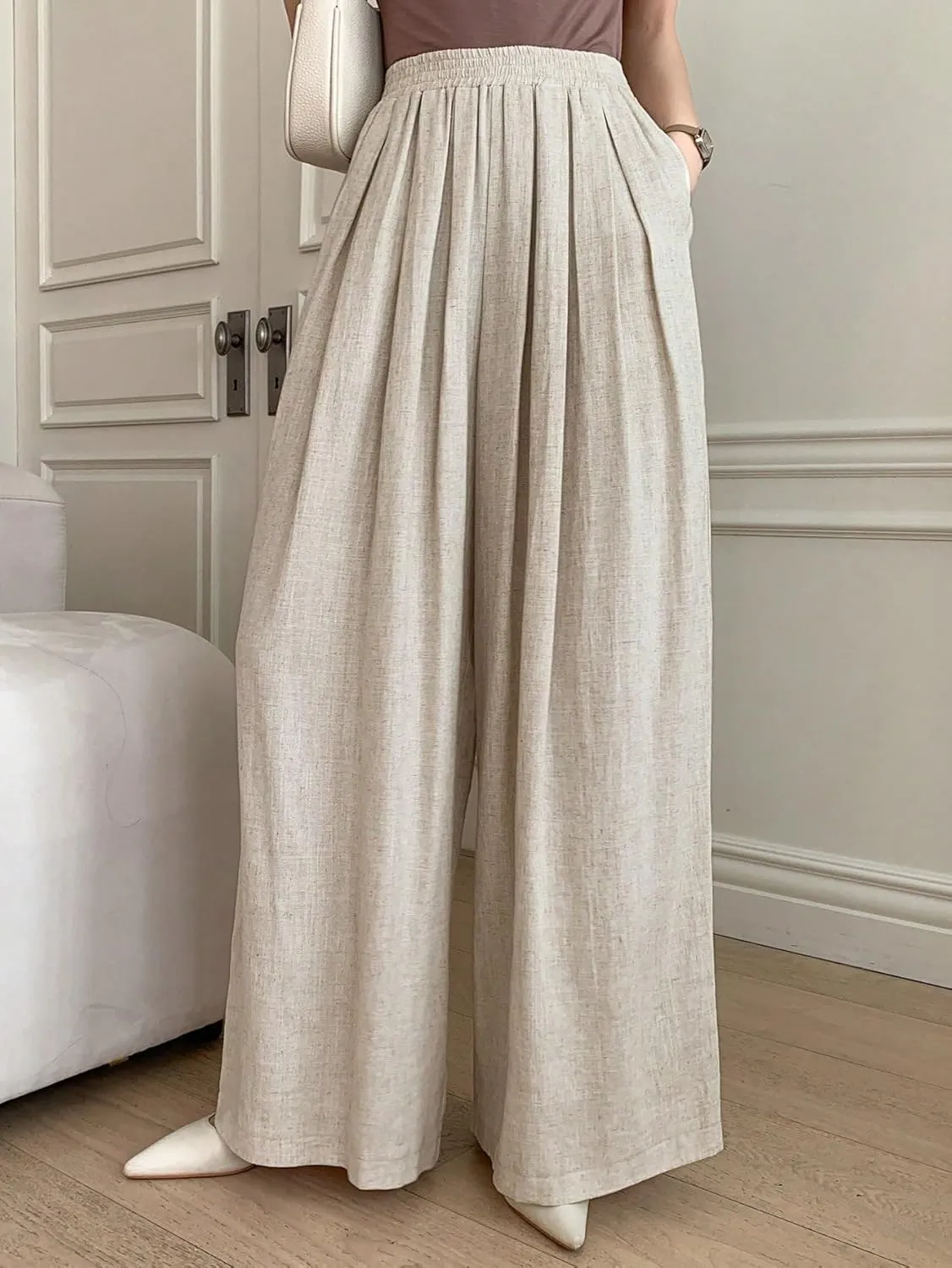 SECOLI Women's Straight Wide Leg Trousers Pants Beige Casual Solid Wide Leg Pants