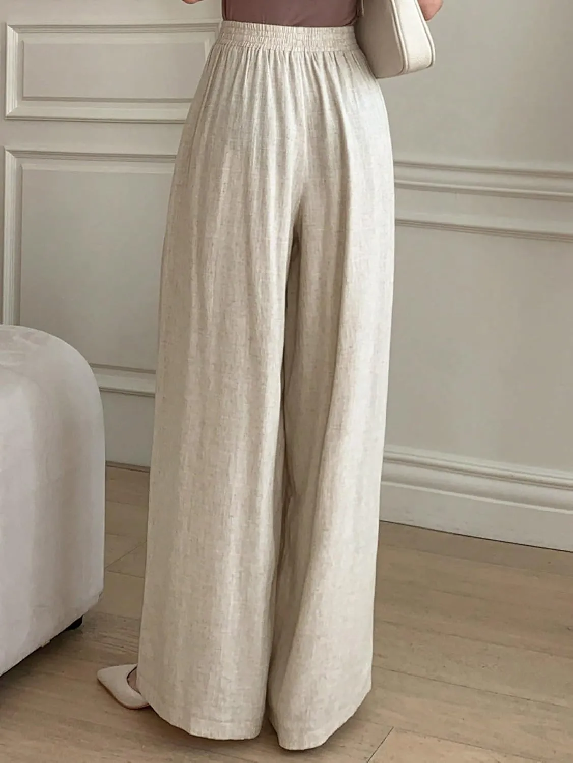 SECOLI Women's Straight Wide Leg Trousers Pants Beige Casual Solid Wide Leg Pants