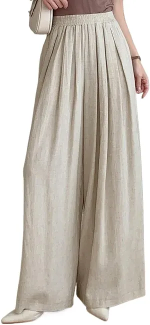 SECOLI Women's Straight Wide Leg Trousers Pants Beige Casual Solid Wide Leg Pants