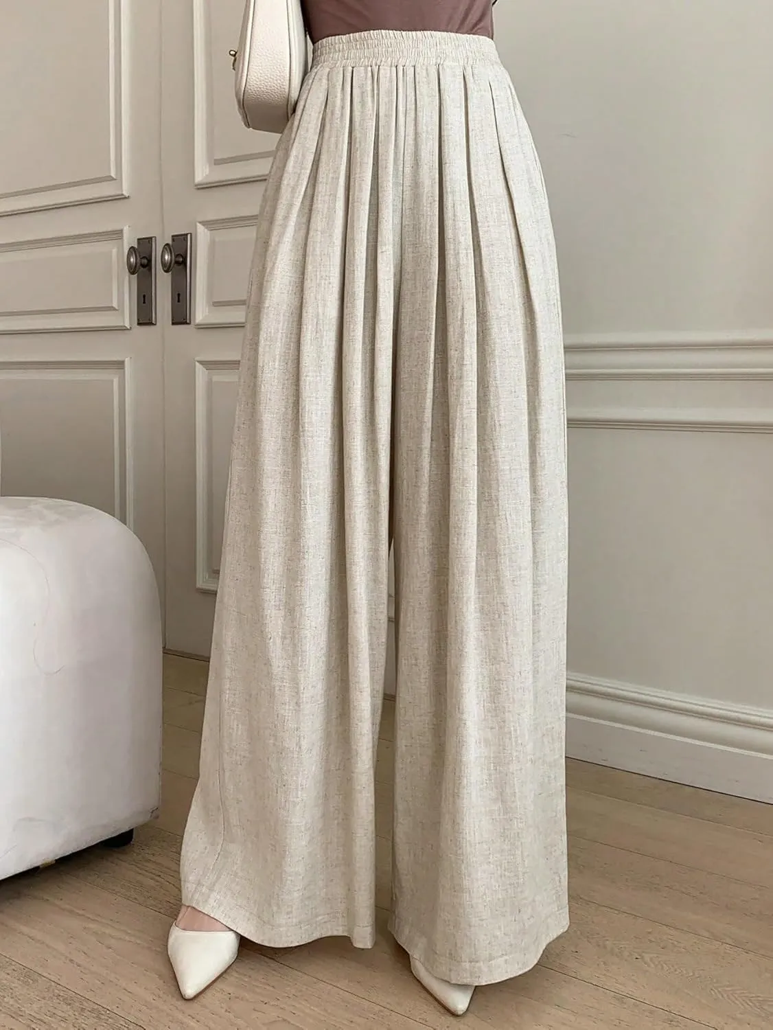 SECOLI Women's Straight Wide Leg Trousers Pants Beige Casual Solid Wide Leg Pants