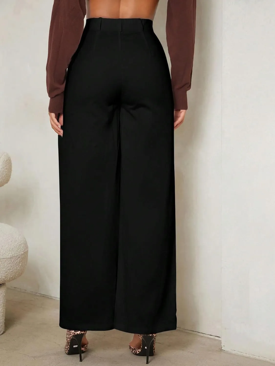 SECOLI Women's Straight Wide Leg Trousers Pants Black Casual Solid Wide Leg Pants