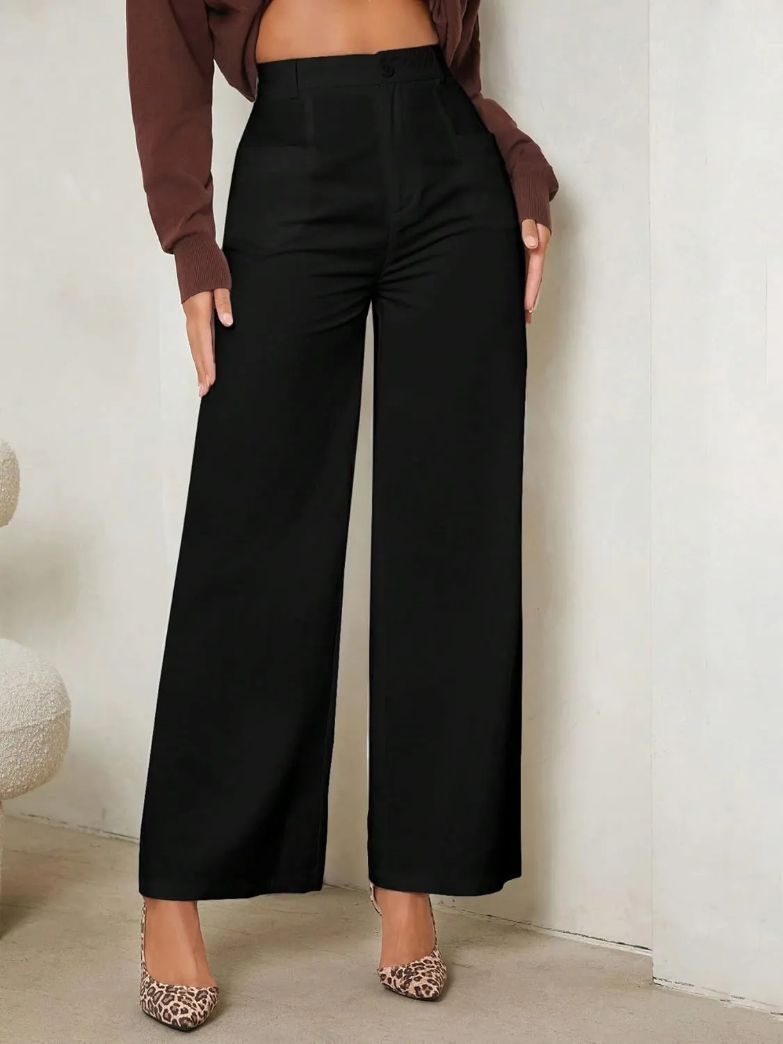 SECOLI Women's Straight Wide Leg Trousers Pants Black Casual Solid Wide Leg Pants