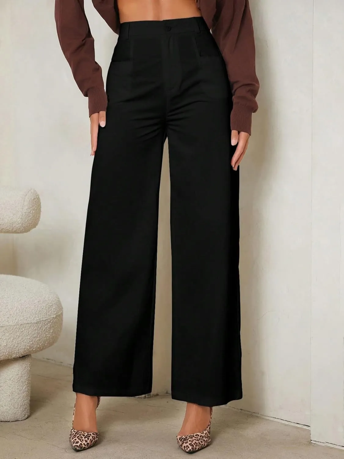 SECOLI Women's Straight Wide Leg Trousers Pants Black Casual Solid Wide Leg Pants