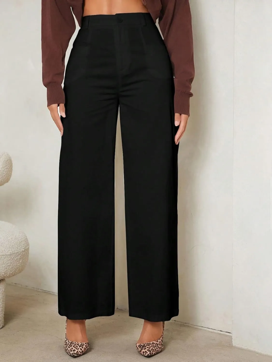 SECOLI Women's Straight Wide Leg Trousers Pants Black Casual Solid Wide Leg Pants