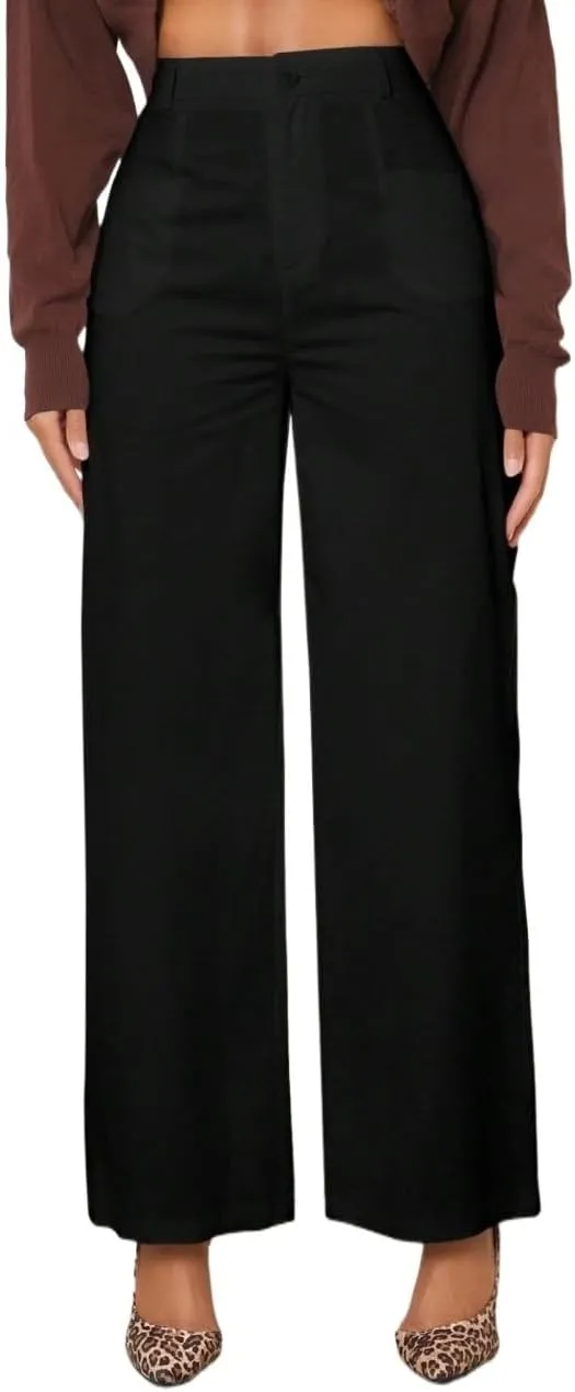 SECOLI Women's Straight Wide Leg Trousers Pants Black Casual Solid Wide Leg Pants