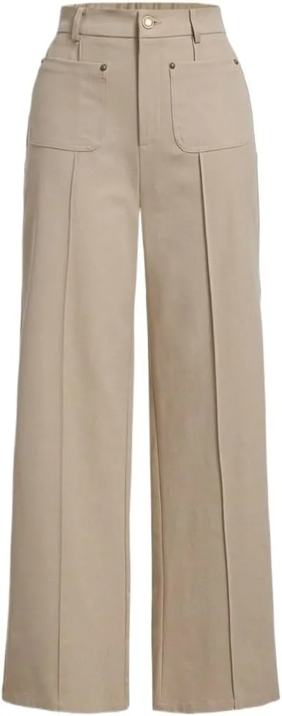 SECOLI Women's Straight Wide Leg Trousers Pants Khaki Casual Front Wide Leg Pants