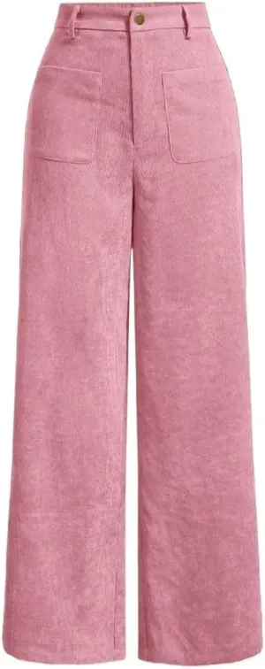 SECOLI Women's Straight Wide Leg Trousers Pants Pink Casual Solid Wide Leg Pants