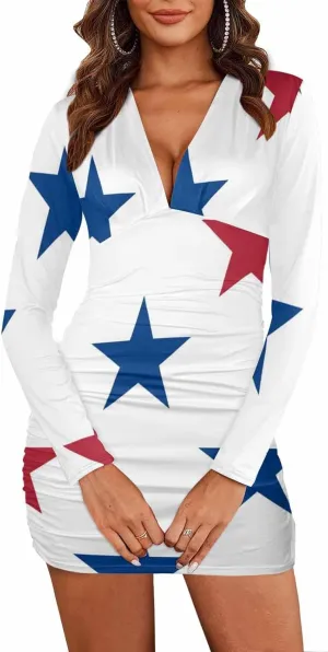 Sexy Dresses for Women Fireworks and Stars Women's Bodycon Dress Fall Long Sleeve Tight Fitted Party Club Ruched Dresses