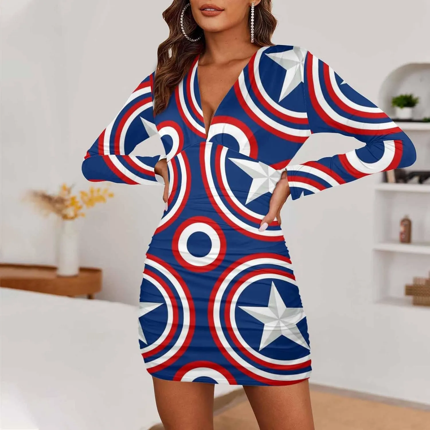 Sexy Dresses for Women Fireworks and Stars Women's Bodycon Dress Fall Long Sleeve Tight Fitted Party Club Ruched Dresses