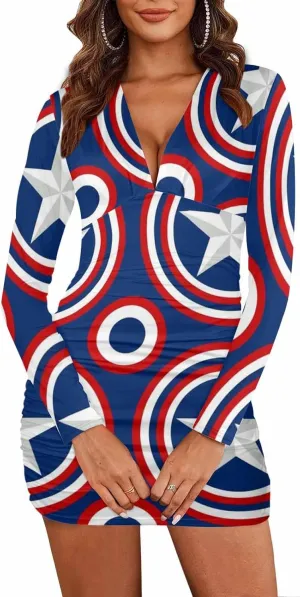 Sexy Dresses for Women Fireworks and Stars Women's Bodycon Dress Fall Long Sleeve Tight Fitted Party Club Ruched Dresses