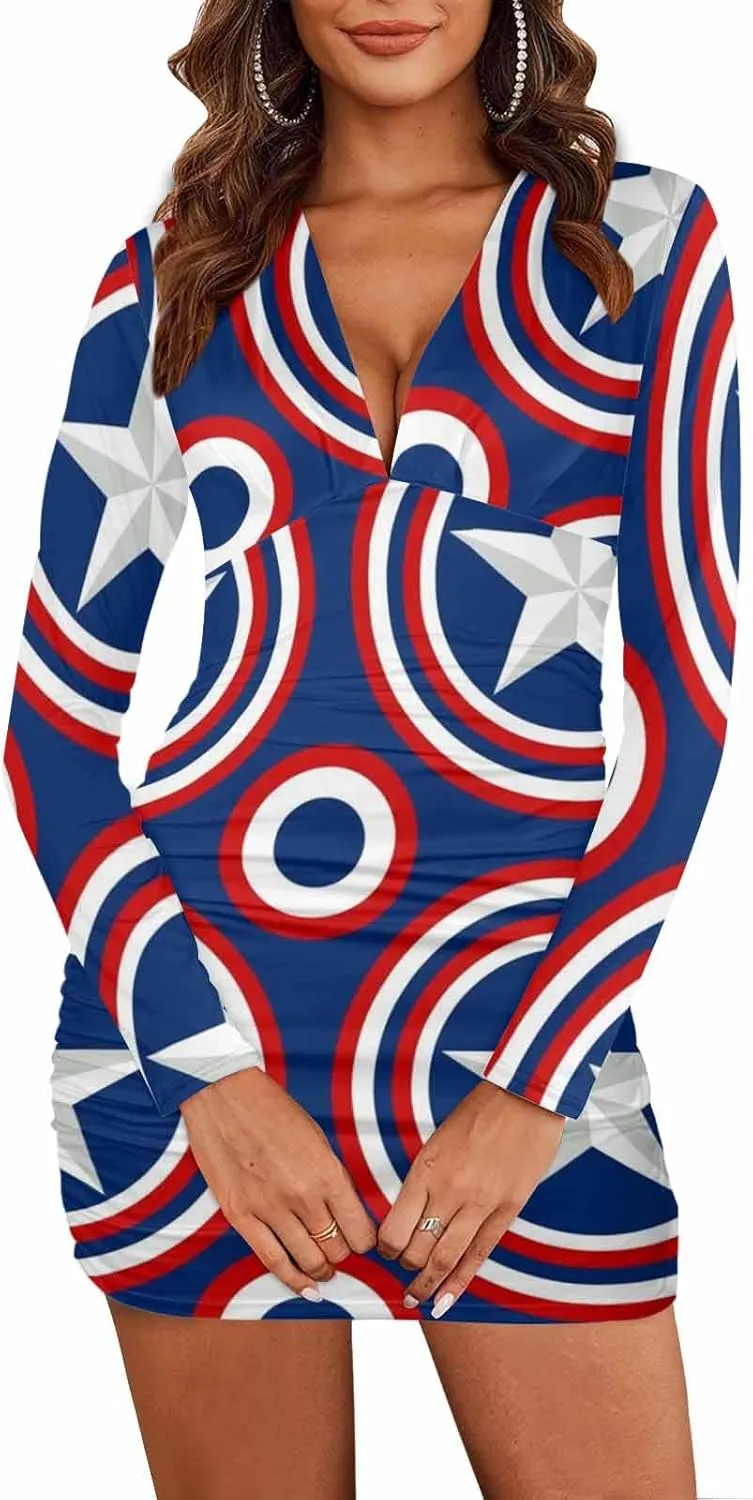 Sexy Dresses for Women Fireworks and Stars Women's Bodycon Dress Fall Long Sleeve Tight Fitted Party Club Ruched Dresses