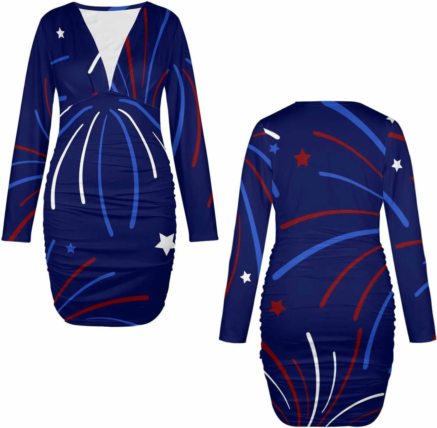 Sexy Dresses for Women Fireworks and Stars Women's Bodycon Dress Fall Long Sleeve Tight Fitted Party Club Ruched Dresses