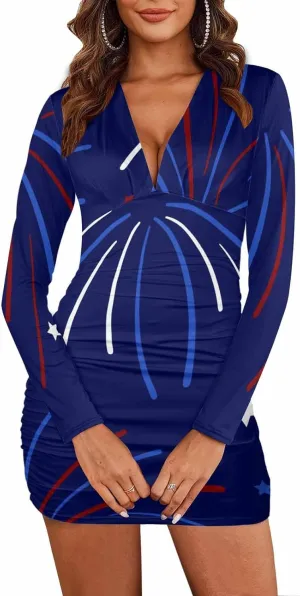 Sexy Dresses for Women Fireworks and Stars Women's Bodycon Dress Fall Long Sleeve Tight Fitted Party Club Ruched Dresses