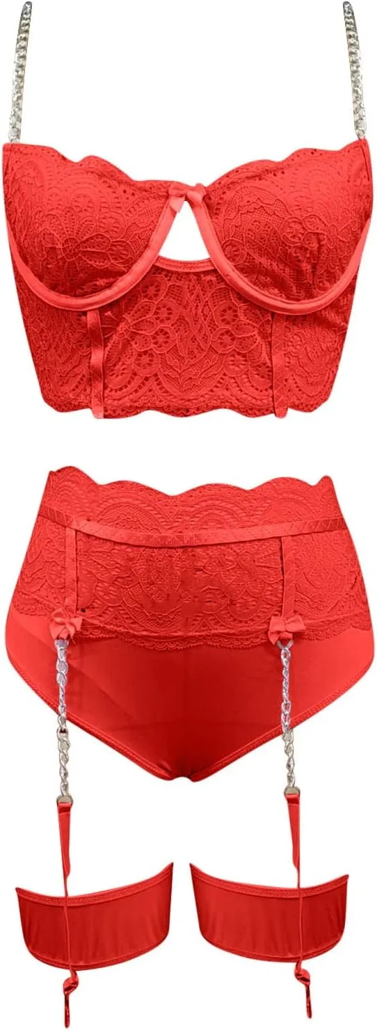 Sexy Lingerie Sets for Women High Waisted Bralette Underwear with Garter Belt Cutout Embroidery Bra and Panty Sets