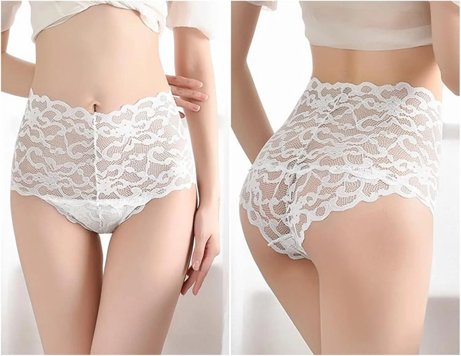 Sexy Underwear for Women Floral Lace High Waist Panties, Mesh Scallop Trim Underwear See Through Plus Size Briefs
