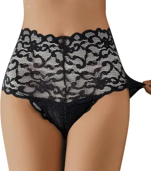 Sexy Underwear for Women Floral Lace High Waist Panties, Mesh Scallop Trim Underwear See Through Plus Size Briefs
