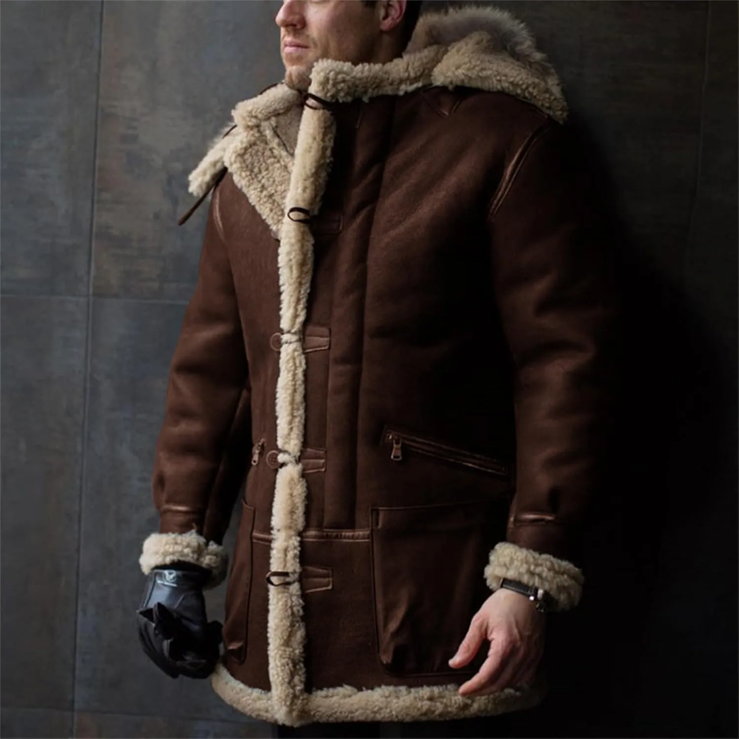 Shearling Jacket Men Vintage Sheepskin Leather Coat Warm Sherpa Fleece Lined Coat Winter Motorcycle Jackets with Hood