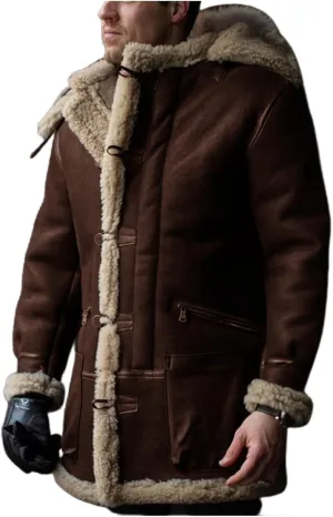 Shearling Jacket Men Vintage Sheepskin Leather Coat Warm Sherpa Fleece Lined Coat Winter Motorcycle Jackets with Hood
